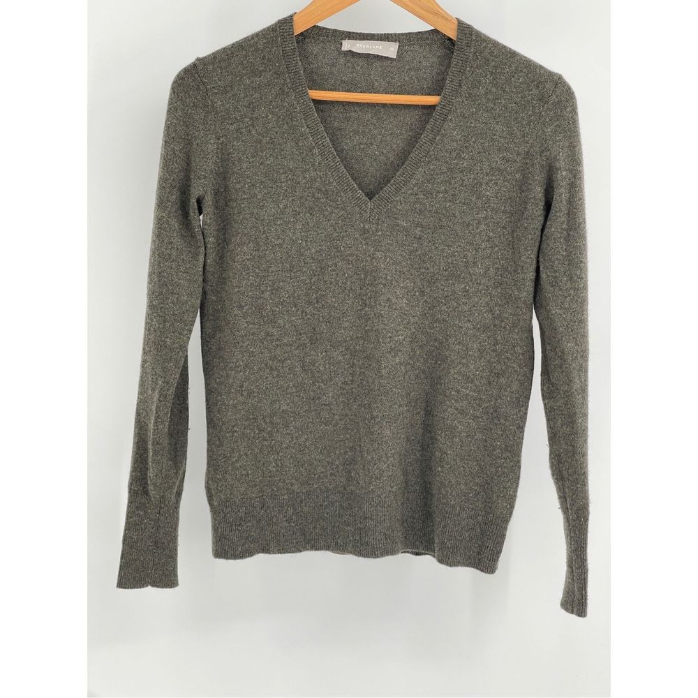 Everlane Sweater Cashmere‎ Women XS V Neck Green Gray Long Sleeve
